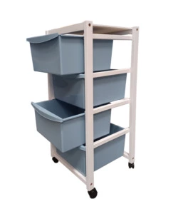 CARRELLO IN LEGNO BIANCO CON CASSETTI BLU, 37,5X36,5X82 CM